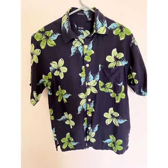 Izod Men's Hawaiian Shirt M SILK Short Sleeve Washable Resort Retro casual - Picture 1 of 4